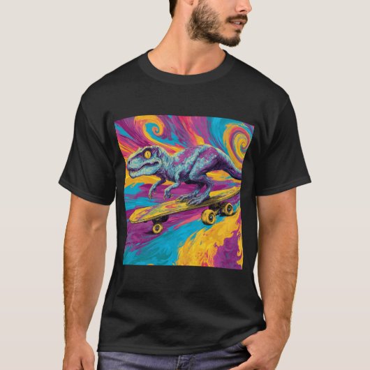 Neon Wervelende Dino Skater T-shirt (Voorkant)