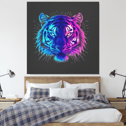 Neon White Tiger – Glowing Cyberpunk Wildlife Art Canvas Afdruk (Insitu (Slaapkamer))