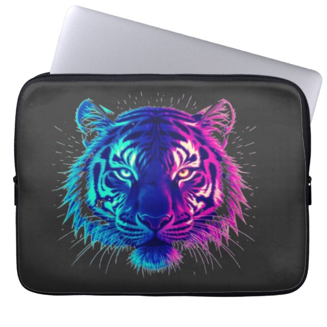 Neon White Tiger – Glowing Cyberpunk Wildlife Art Laptop Sleeve (Voorkant)