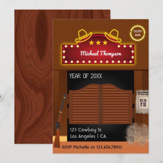 Neon Wild West Cowboy over Graduation Party Invi Kaart (Voorkant / Achterkant)