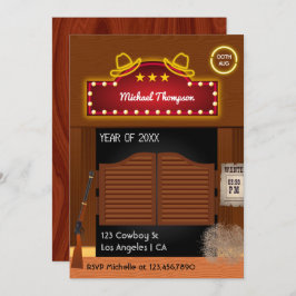 Neon Wild West Cowboy over Graduation Party Invi Kaart