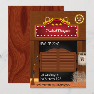 Neon Wild West Cowboy over Graduation Party Invi Kaart