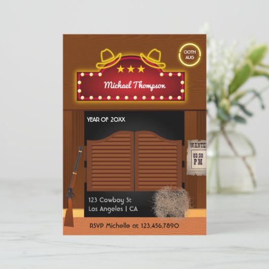 Neon Wild West Cowboy over Graduation Party Invi Kaart (Staand voorkant)
