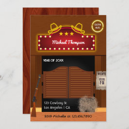 Neon Wild West Cowboy over Graduation Party Invi Kaart