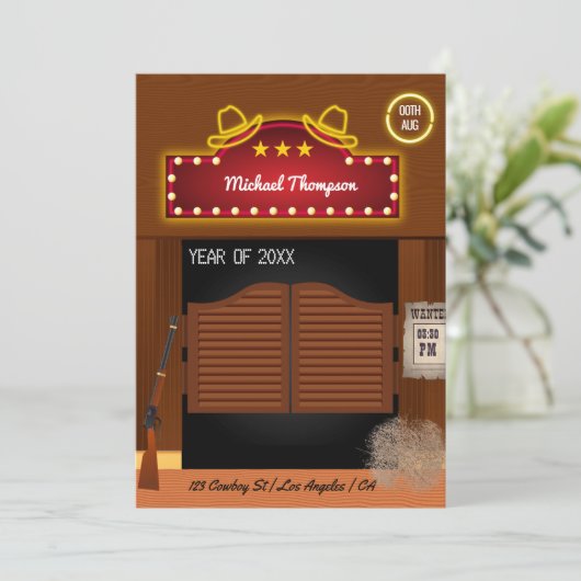 Neon Wild West Cowboy over Graduation Party Invi Kaart (Staand voorkant)