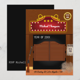 Neon Wild West Cowboy thema Afstudeerfeest Uitnodi Kaart