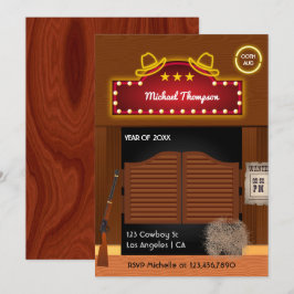 Neon Wild West Cowboy thema Afstudeerfeest Uitnodi Kaart