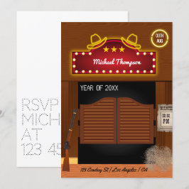 Neon Wild West Cowboy thema Afstudeerfeest Uitnodi Kaart