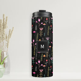 Neon Wilde Bloemen op Zwart, met monogram Thermosbeker