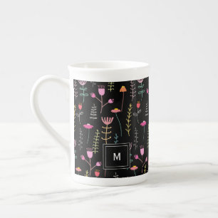 Neon Wildflower op zwart, monogram Porselein Kop