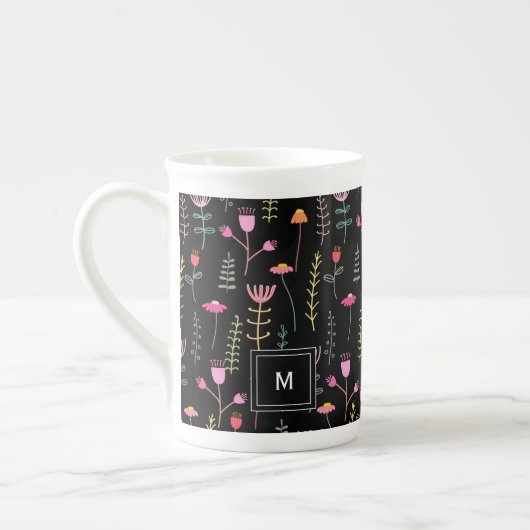 Neon Wildflower op zwart, monogram Porselein Kop (Links)