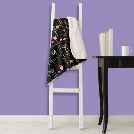 Neon Wildflower op zwart, monogram Sherpa Deken