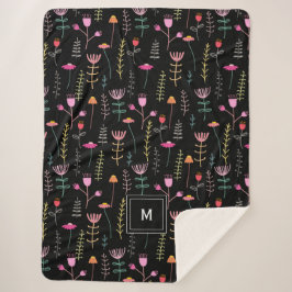 Neon Wildflower op zwart, monogram Sherpa Deken