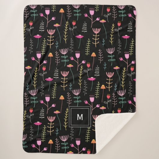 Neon Wildflower op zwart, monogram Sherpa Deken (Voorkant)
