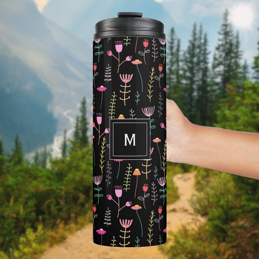 Neon Wildflower op zwart, monogram Thermosbeker