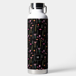 Neon Wildflower op zwart, monogram Waterfles