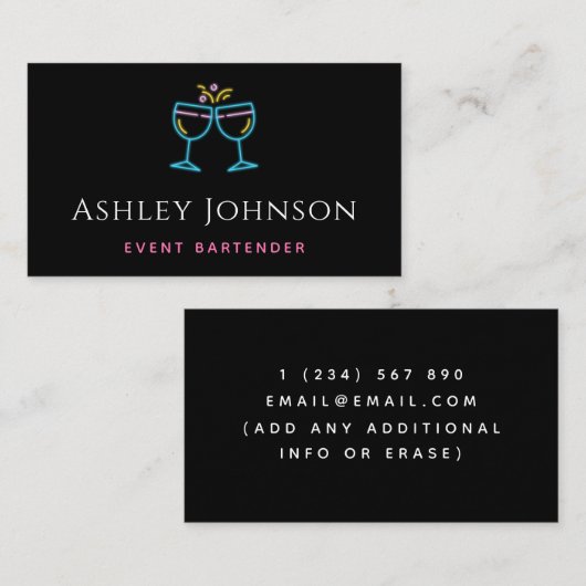 Neon Wine Cocktail Glasses Event Bartender Black Visitekaartje (Voorkant / Achterkant)