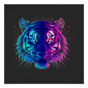 Neon Witte Tijger – Glanzende Cyberpunk Wilde Dier Perfect Poster