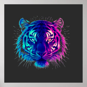 Neon Witte Tijger – Glanzende Cyberpunk Wilde Dier Poster