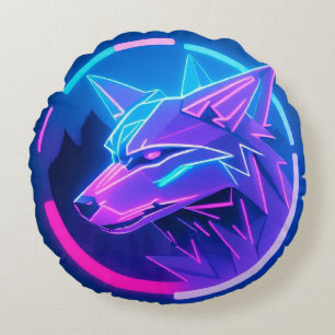 Neon Wolf Gezicht In Geometrische Futuristische St Rond Kussen