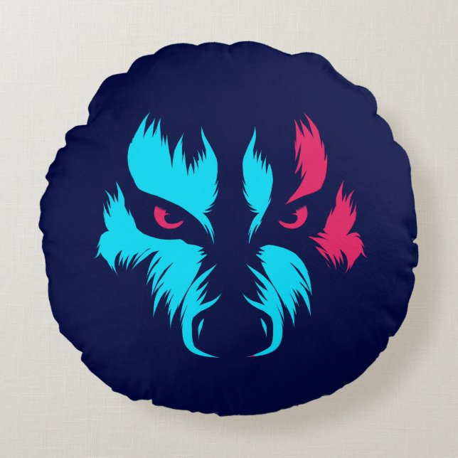 Neon Wolf Gezicht Rond Kussen (Voorkant)