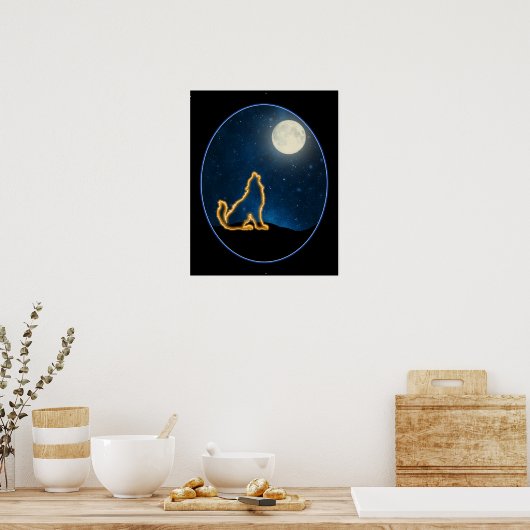 Neon Wolf Howls bij de maan Poster (Keuken)