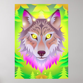 Neon Wolf in het Abstracte bos Poster