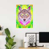 Neon Wolf in het Abstracte bos Poster (Thuiskantoor)