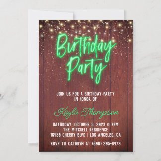 Neon Wooden Wall Birthday Party Kaart