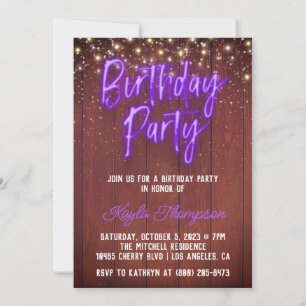 Neon Wooden Wall Birthday Party Kaart
