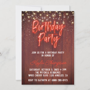 Neon Wooden Wall Birthday Party Kaart