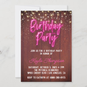 Neon Wooden Wall Birthday Party Kaart