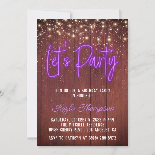 Neon Wooden Wall Let's Party Invitation Kaart (Achterkant)