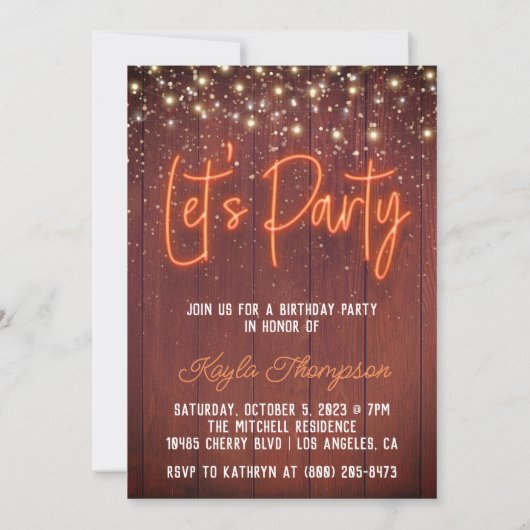 Neon Wooden Wall Let's Party Invitation Kaart (Achterkant)