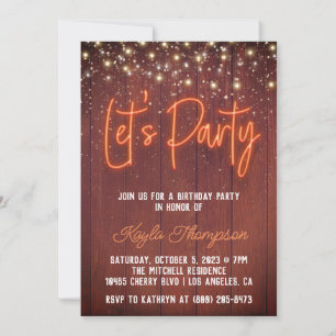 Neon Wooden Wall Let's Party Invitation Kaart