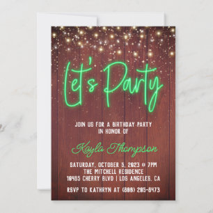 Neon Wooden Wall Let's Party Invitation Kaart