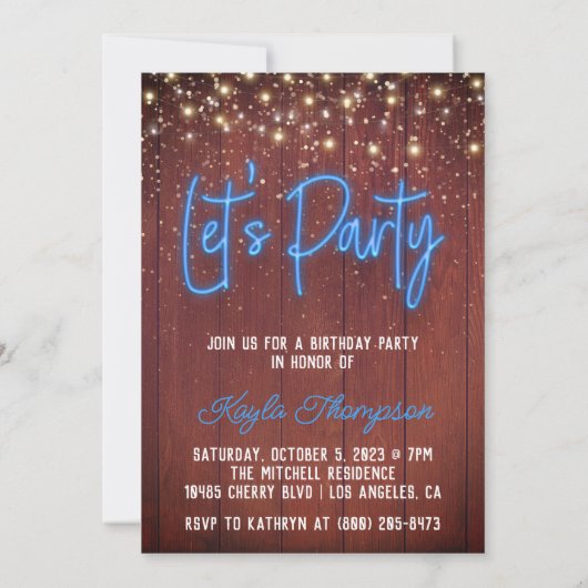 Neon Wooden Wall Let's Party Invitation Kaart (Achterkant)