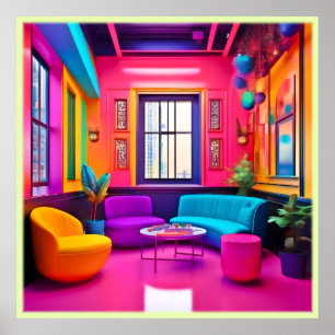 Neon woonkamer met gedurfde kleuren poster
