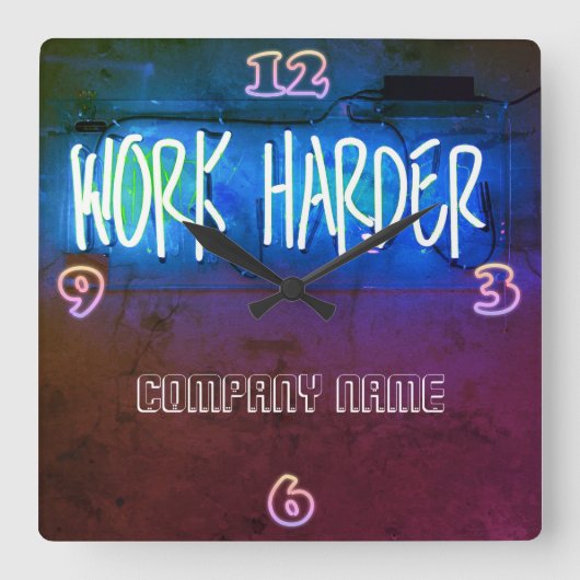 Neon Work Harder Kantoor Personeelszaal Gepersonal Vierkante Klok (Voorkant)
