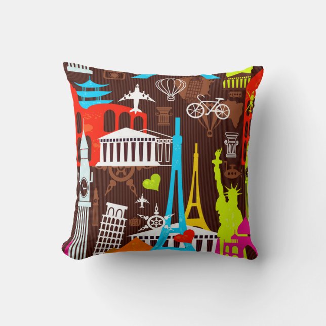 Neon World Travel Pattern Kussen (Voorkant)