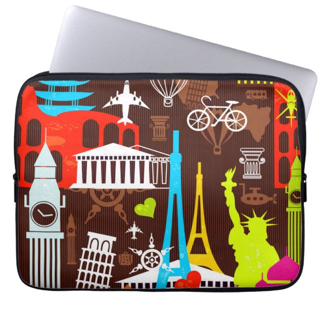 Neon World Travel Pattern Laptop Sleeve (Voorkant)