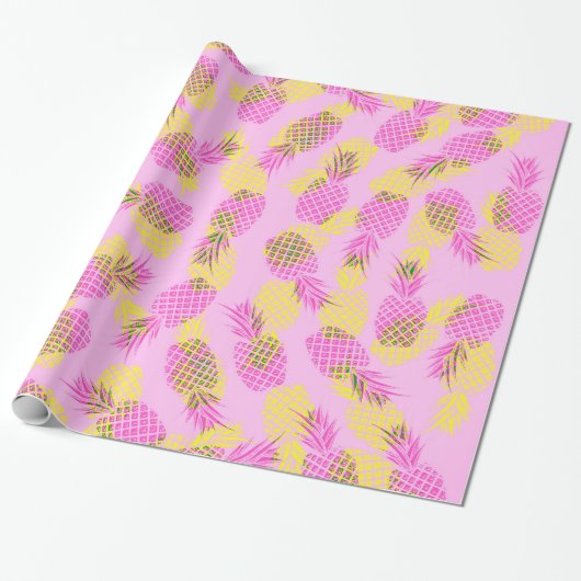 Neon Yellow en roze tropische ananananassen Cadeaupapier (Uitgerold)