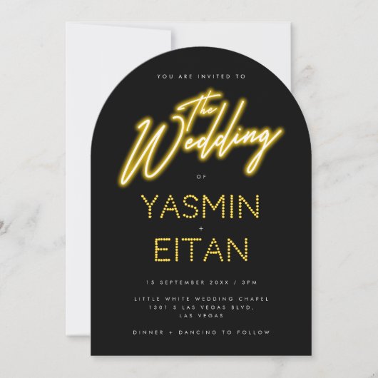 Neon Yellow Glow Script Black Arch Wedding Kaart (Voorkant)