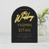 Neon Yellow Glow Script Black Arch Wedding Kaart (Staand voorkant)