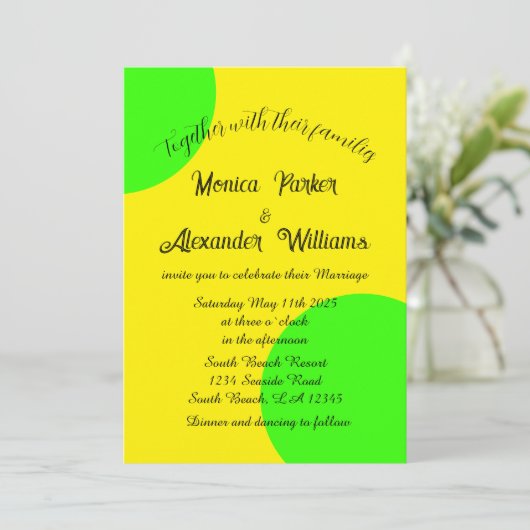 Neon Yellow Green Bold Modern Retro Wedding Kaart (Staand voorkant)