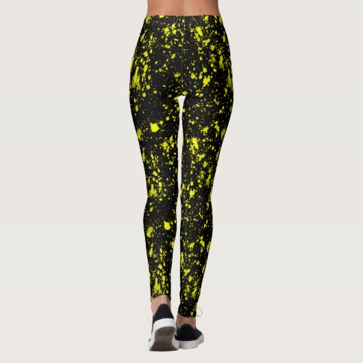 Neon Yellow Paint Splatter Monogram Retro Leggings (Achterkant)