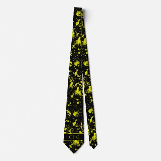 Neon Yellow Paint Splatter Monogram Retro Stropdas (Voorkant)