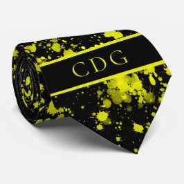 Neon Yellow Paint Splatter Monogram Retro Stropdas