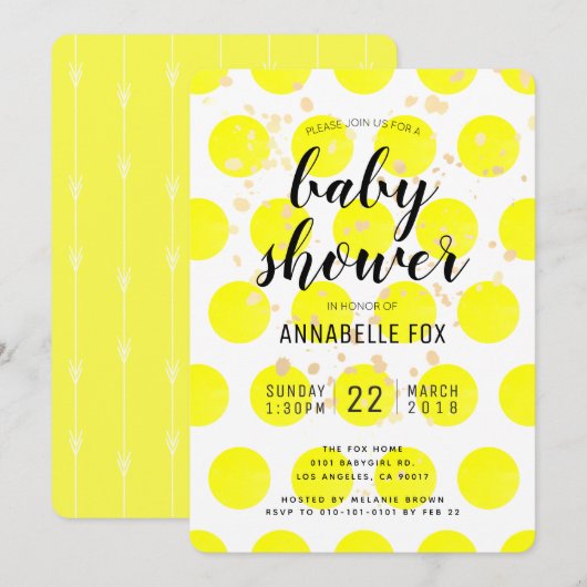 Neon Yellow Polka Dots Baby shower Invitation Kaar Kaart (Voorkant / Achterkant)