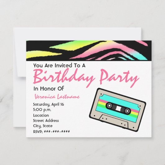 Neon Zebra Print & Cassettebandje Birthday Uitnodi Kaart (Voorkant)